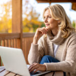 Frau mittleren Alters überlegt ihre Karriere als Coach. Persönlichkeitsentwicklung und Führungskräfte Coaching.